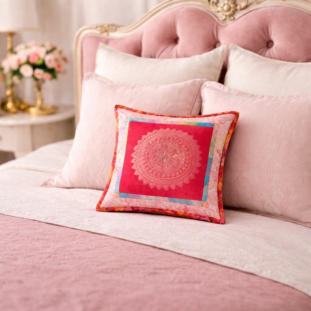 Pink Mandala Embroidered 12 x 12 OOAK Pillow