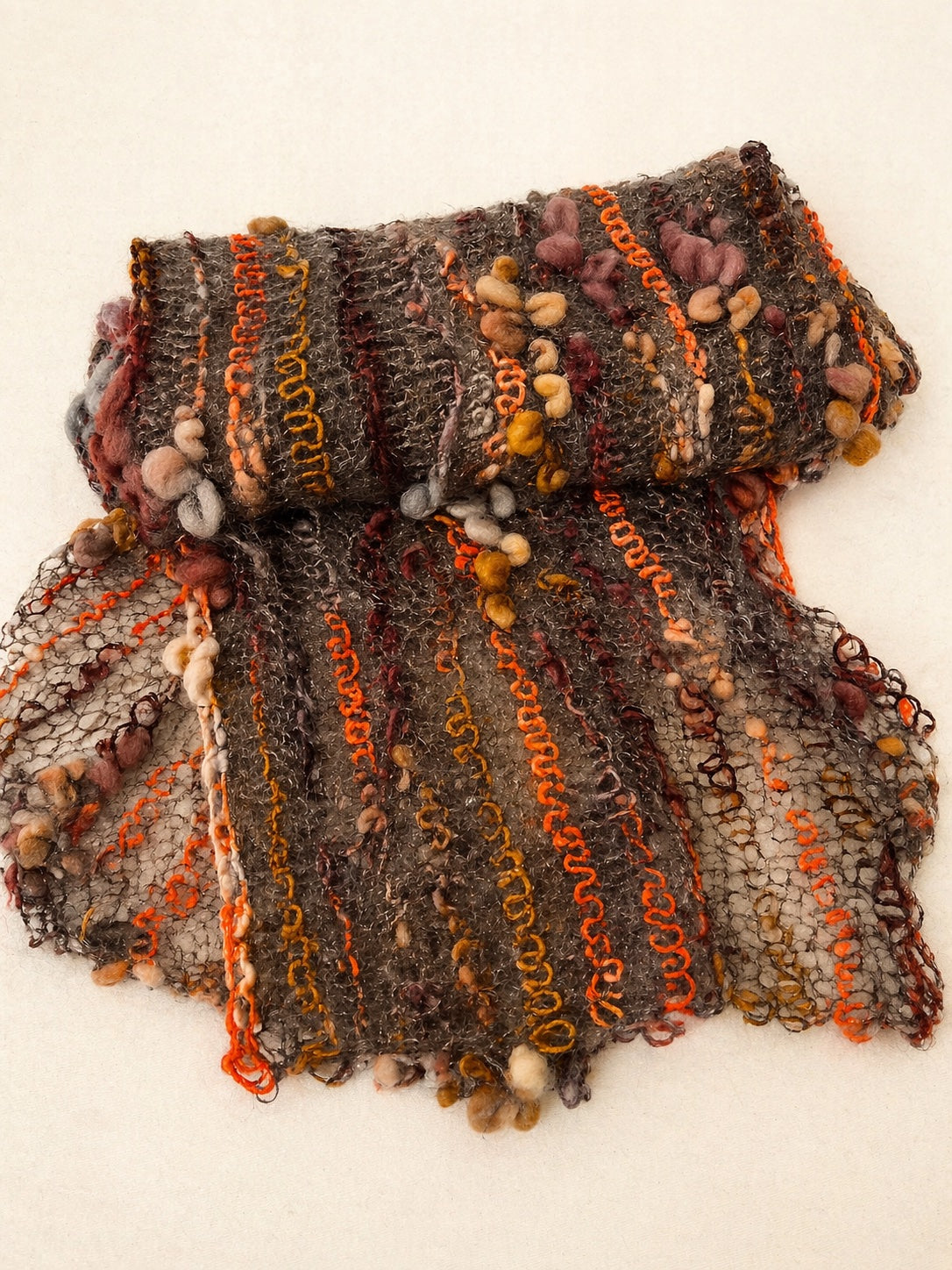 French Scribble Scarf in Autumn Tones – OOAK Mohair & Bamboo 11" x 72"