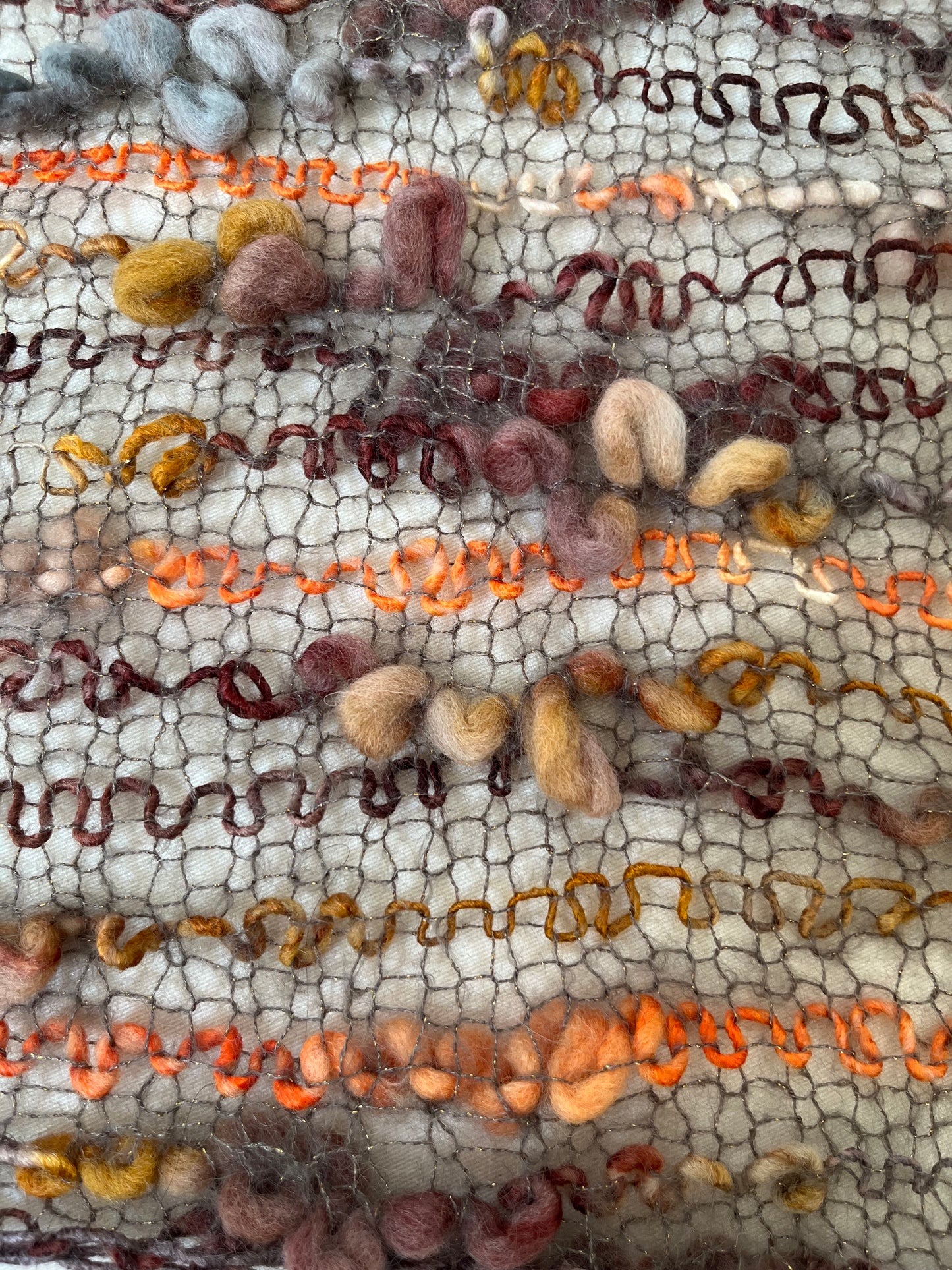 French Scribble Scarf in Autumn Tones – OOAK Mohair & Bamboo 11" x 72"