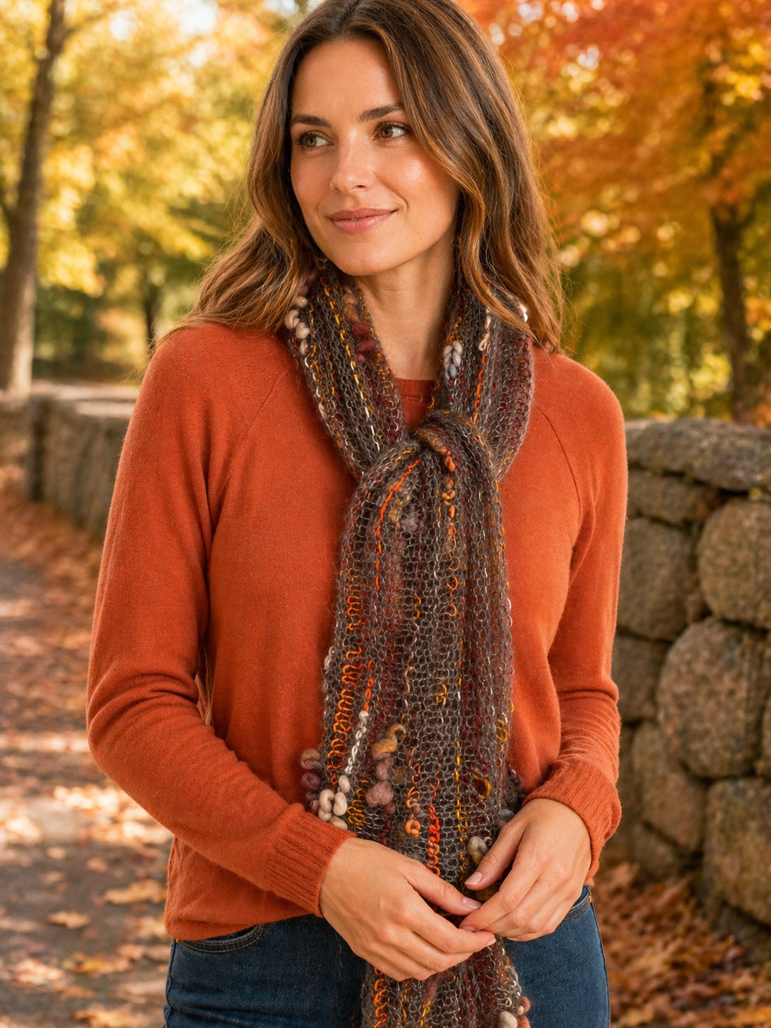 French Scribble Scarf in Autumn Tones – OOAK Mohair & Bamboo 11" x 72"