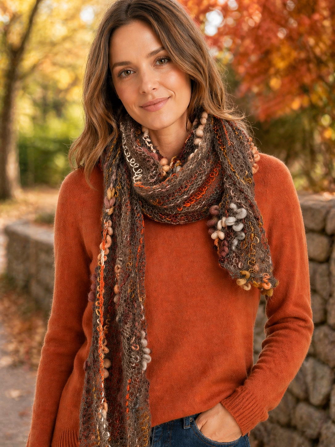 French Scribble Scarf in Autumn Tones – OOAK Mohair & Bamboo 11" x 72"