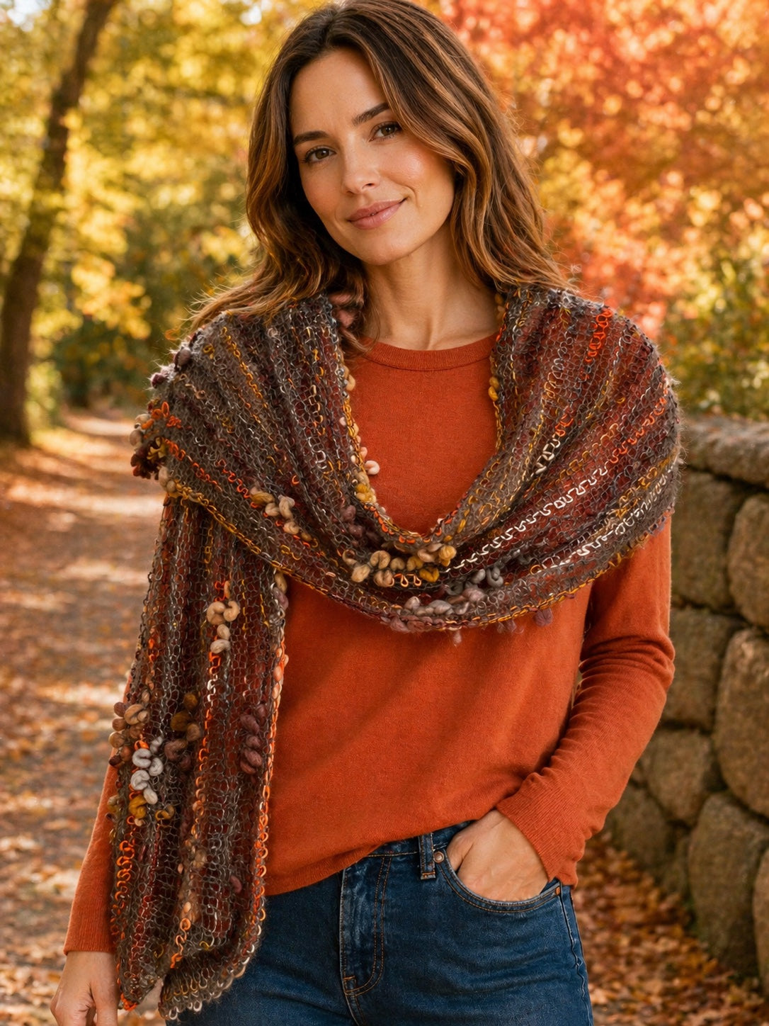 French Scribble Scarf in Autumn Tones – OOAK Mohair & Bamboo 11" x 72"