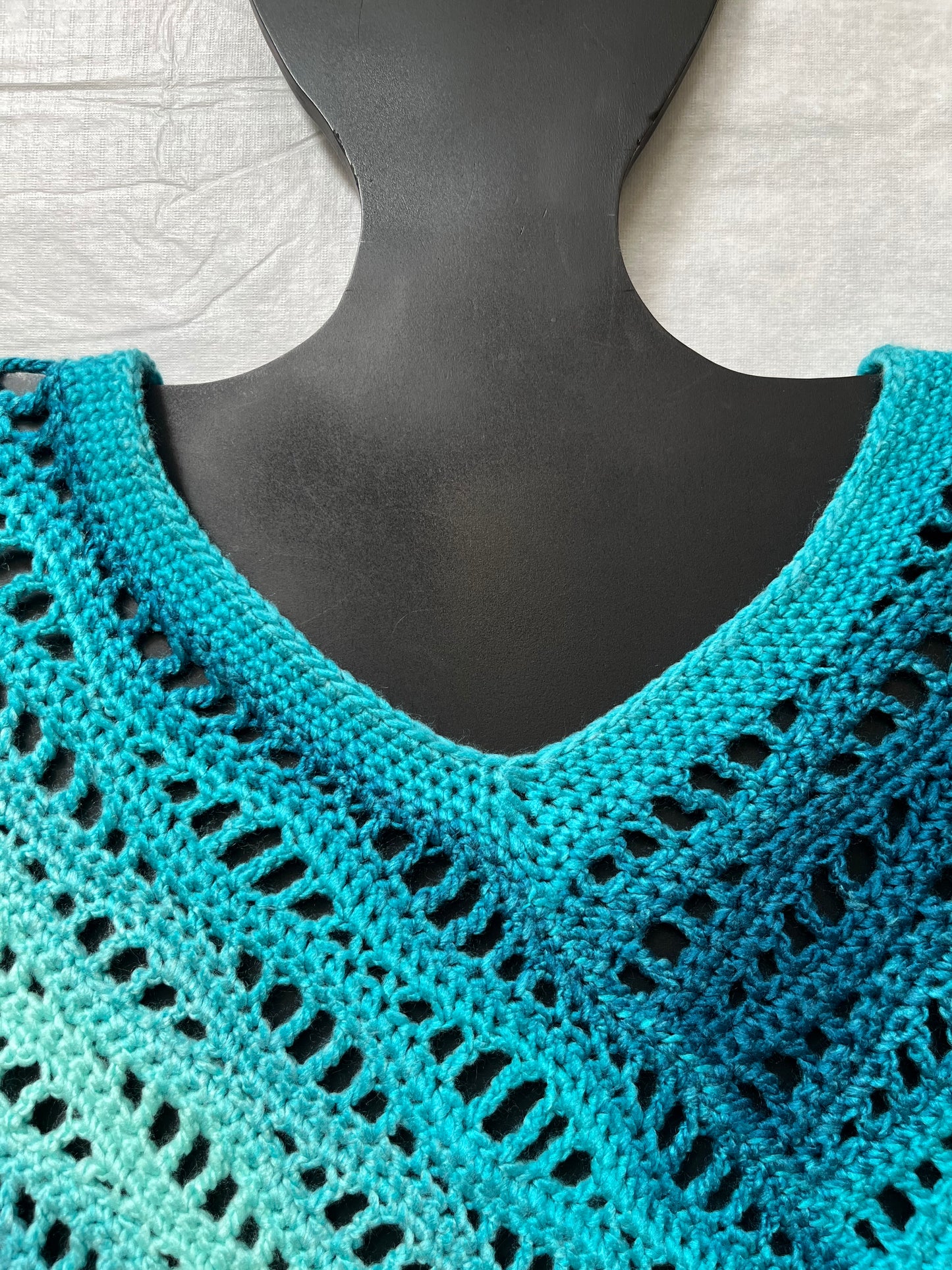 Handmade Crochet Poncho, Teal Gradient Lace. OOAK