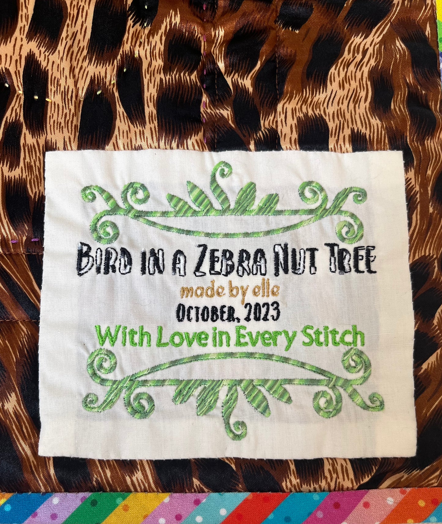 Bird in Zebra Nut Tree Quilt Wall Hanging – OOAK Fiber Art, Hand Appliqué & Quilted Original Textile Art, 29” x 42” Colorful Boho Decor