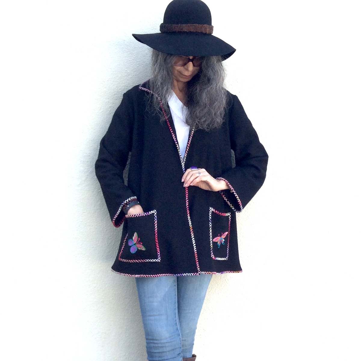 Love Butterflies— Black Wool Embroidered Boho Jacket, OOAK Wearable Art