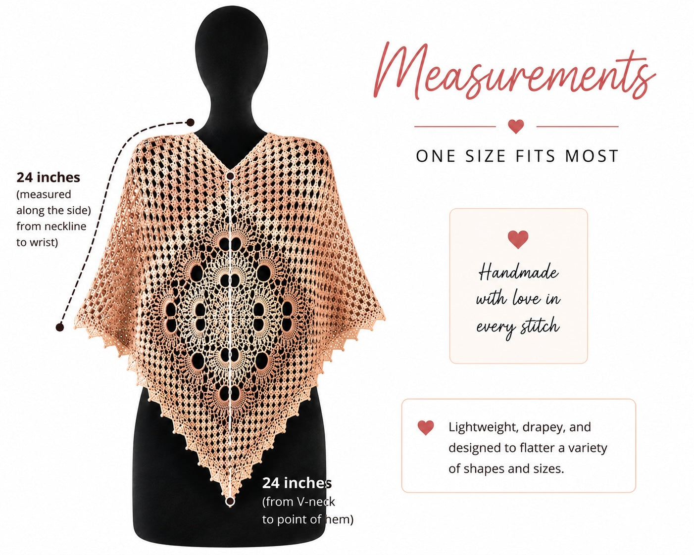 Hand Crocheted Mandala Poncho - Powder Peach - OOAK