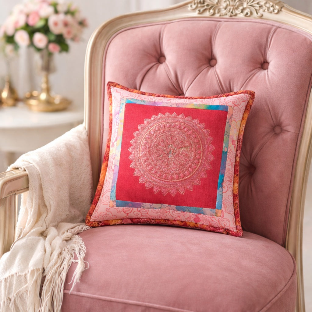 Pink Mandala Embroidered 12 x 12 OOAK Pillow