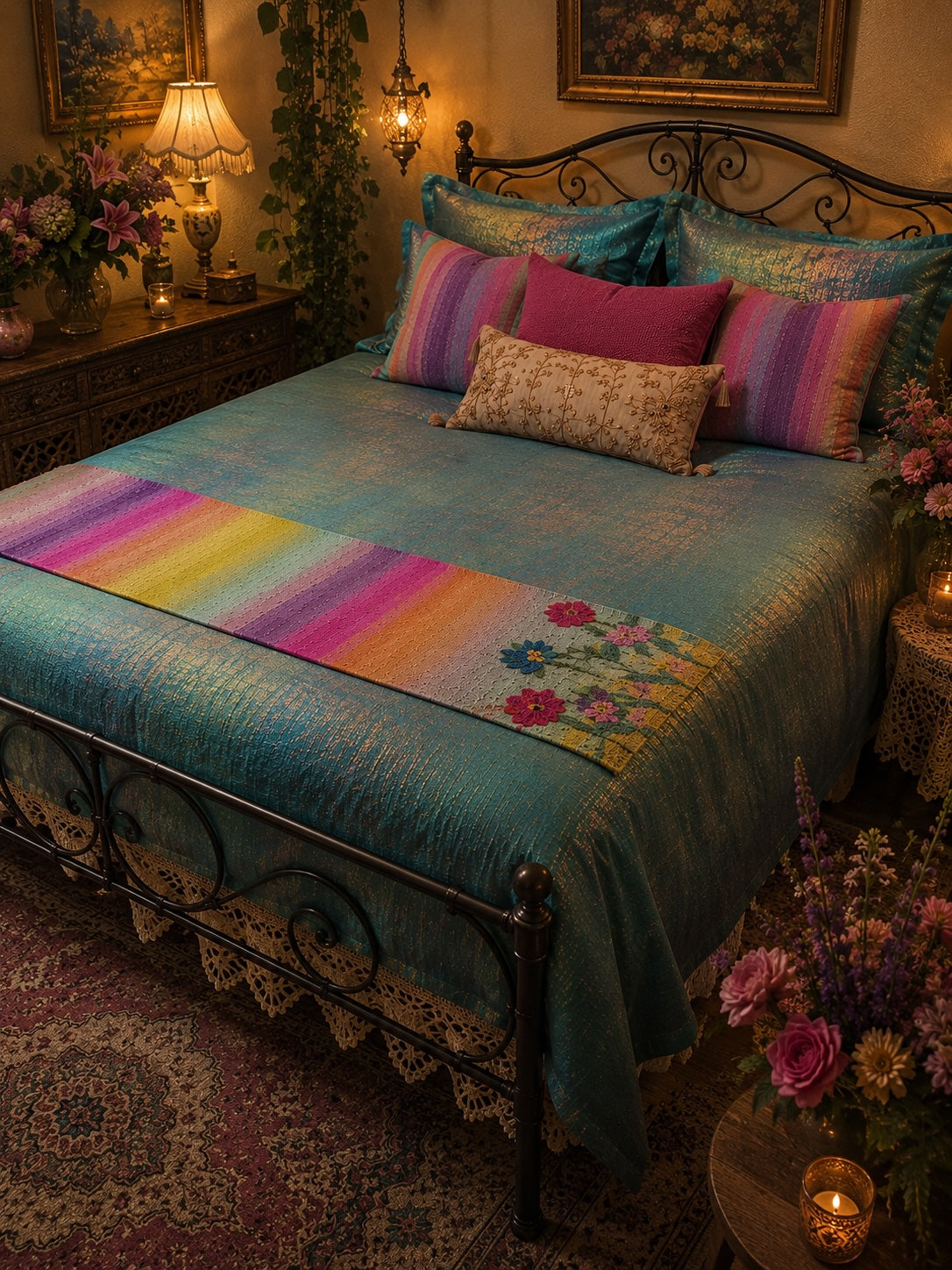 Rainbow Hand Woven Bed Runner - OOAK - 77 X 13.5"