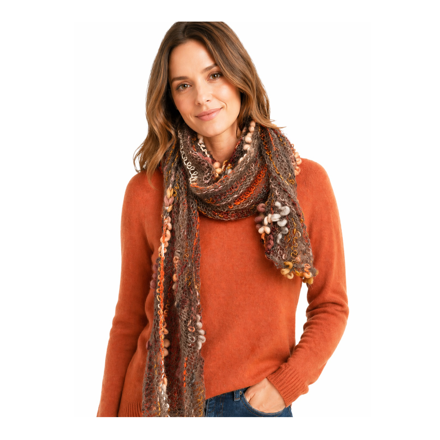 French Scribble Scarf in Autumn Tones – OOAK Mohair & Bamboo 11" x 72"
