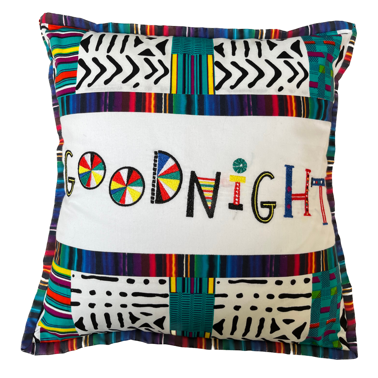 Handmade “Good Night” Pillow – African Print Embroidered Accent Cushion, Colorful Boho Decor OOAK 15 x 15"