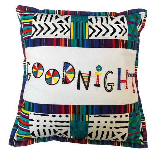 Handmade “Good Night” Pillow – African Print Embroidered Accent Cushion, Colorful Boho Decor OOAK 15 x 15"