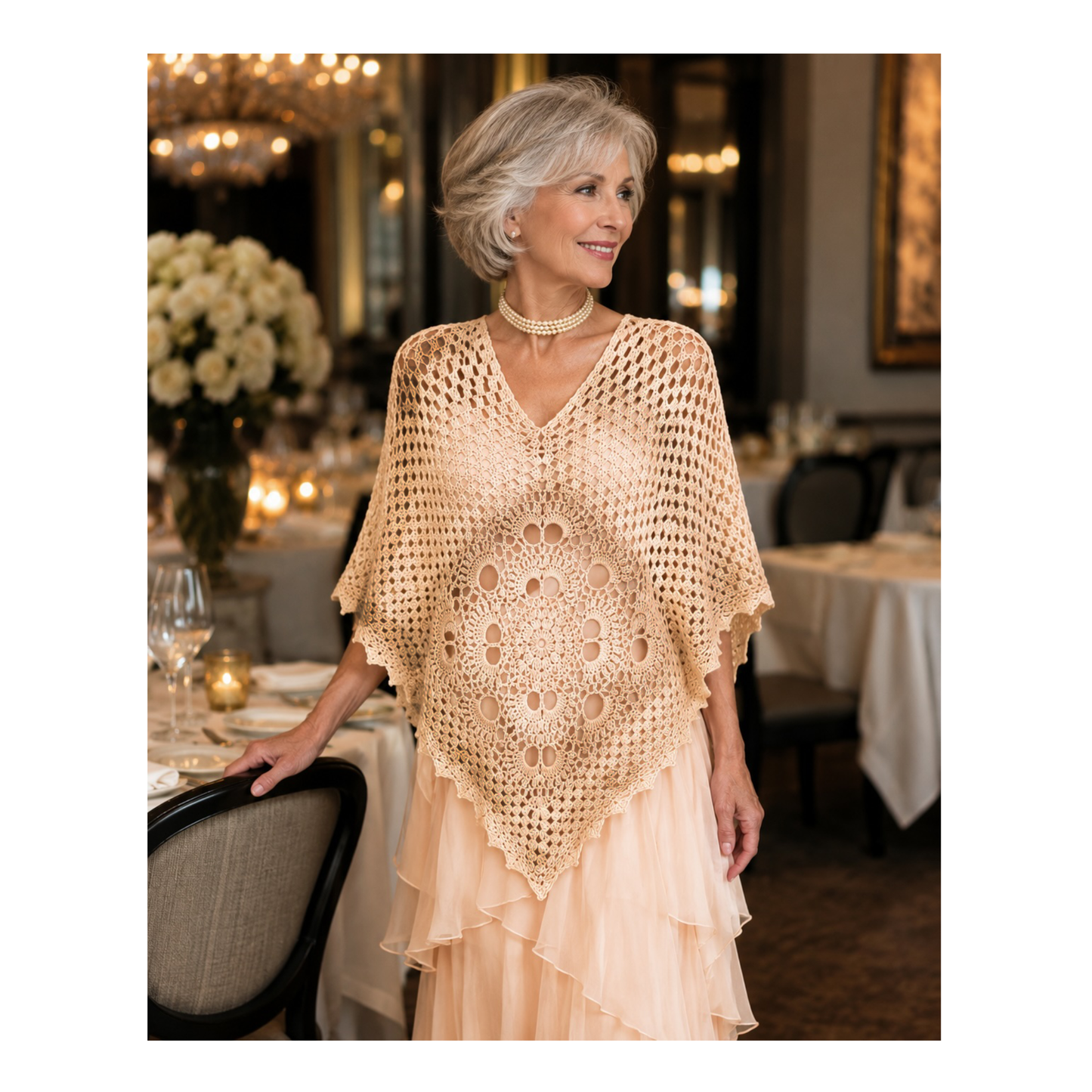 Hand Crocheted Mandala Poncho - Powder Peach - OOAK