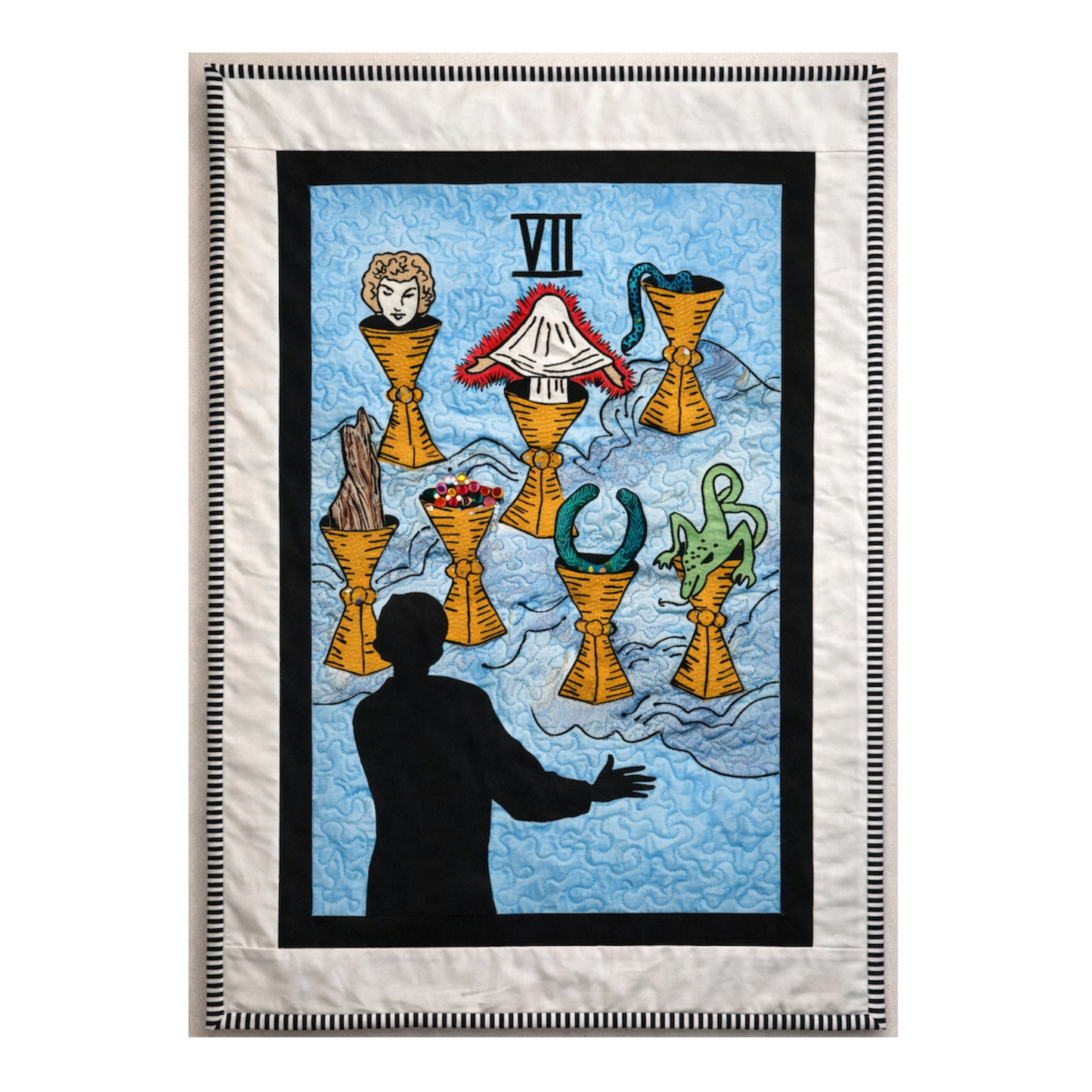 Tarot Card Seven of Cups Wall Hanging – OOAK Quilted Textile Art – 19x28”