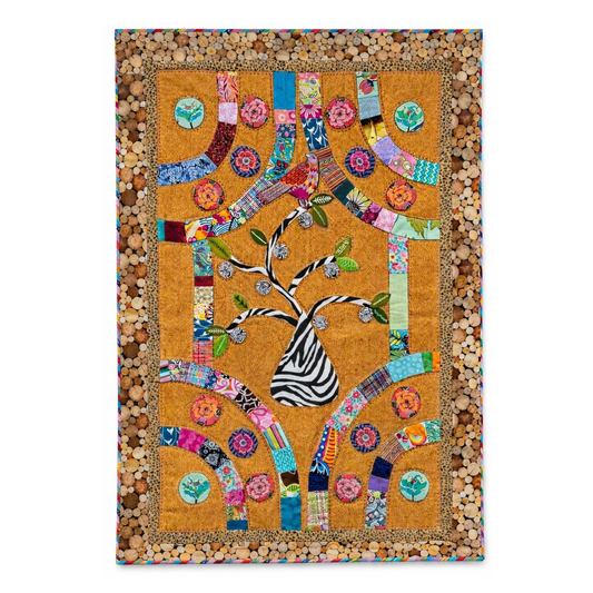 Bird in Zebra Nut Tree Quilt Wall Hanging – OOAK Fiber Art, Hand Appliqué & Quilted Original Textile Art, 29” x 42” Colorful Boho Decor