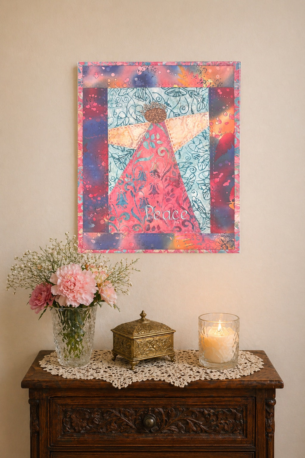 Pastel Peace Angel Wall Hanging – Handmade Textile Art, OOAK Quilt - 12 x 15.5"