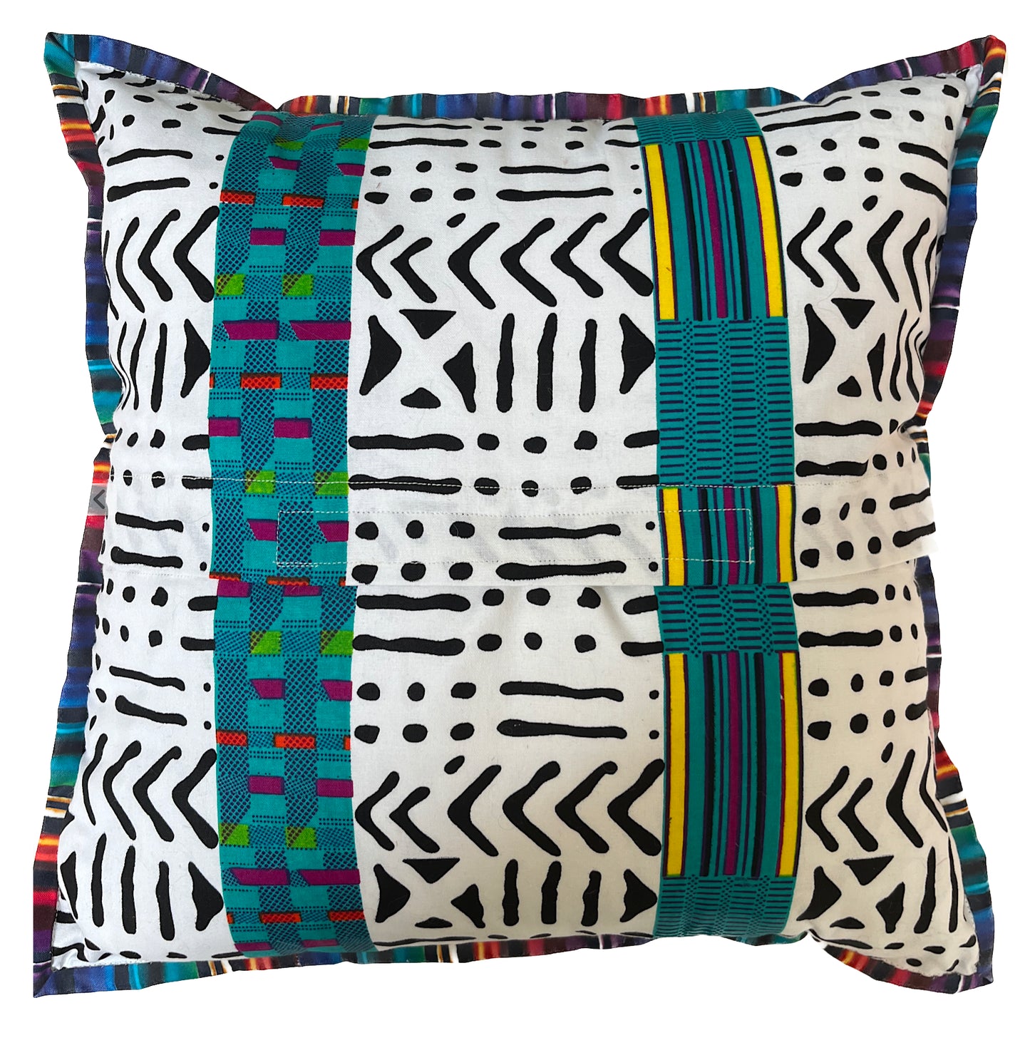 Handmade “Good Night” Pillow – African Print Embroidered Accent Cushion, Colorful Boho Decor OOAK 15 x 15"