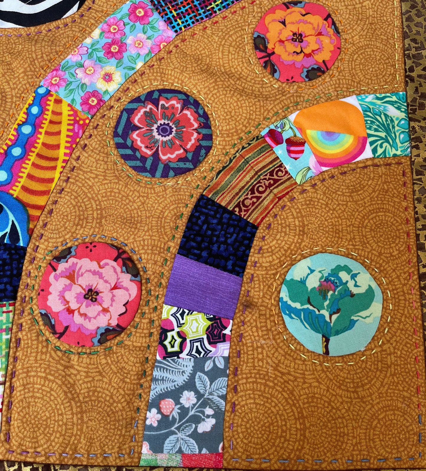 Bird in Zebra Nut Tree Quilt Wall Hanging – OOAK Fiber Art, Hand Appliqué & Quilted Original Textile Art, 29” x 42” Colorful Boho Decor