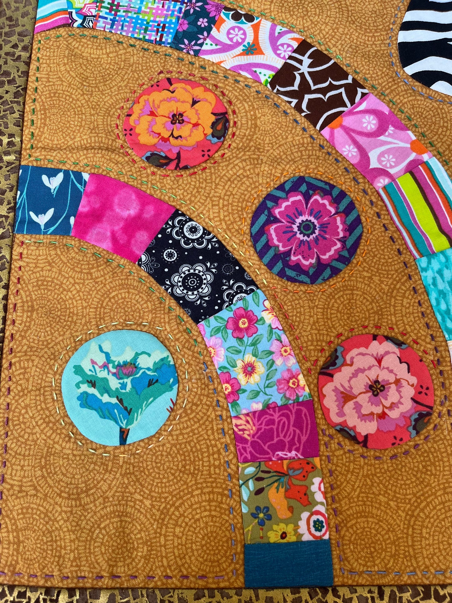 Bird in Zebra Nut Tree Quilt Wall Hanging – OOAK Fiber Art, Hand Appliqué & Quilted Original Textile Art, 29” x 42” Colorful Boho Decor