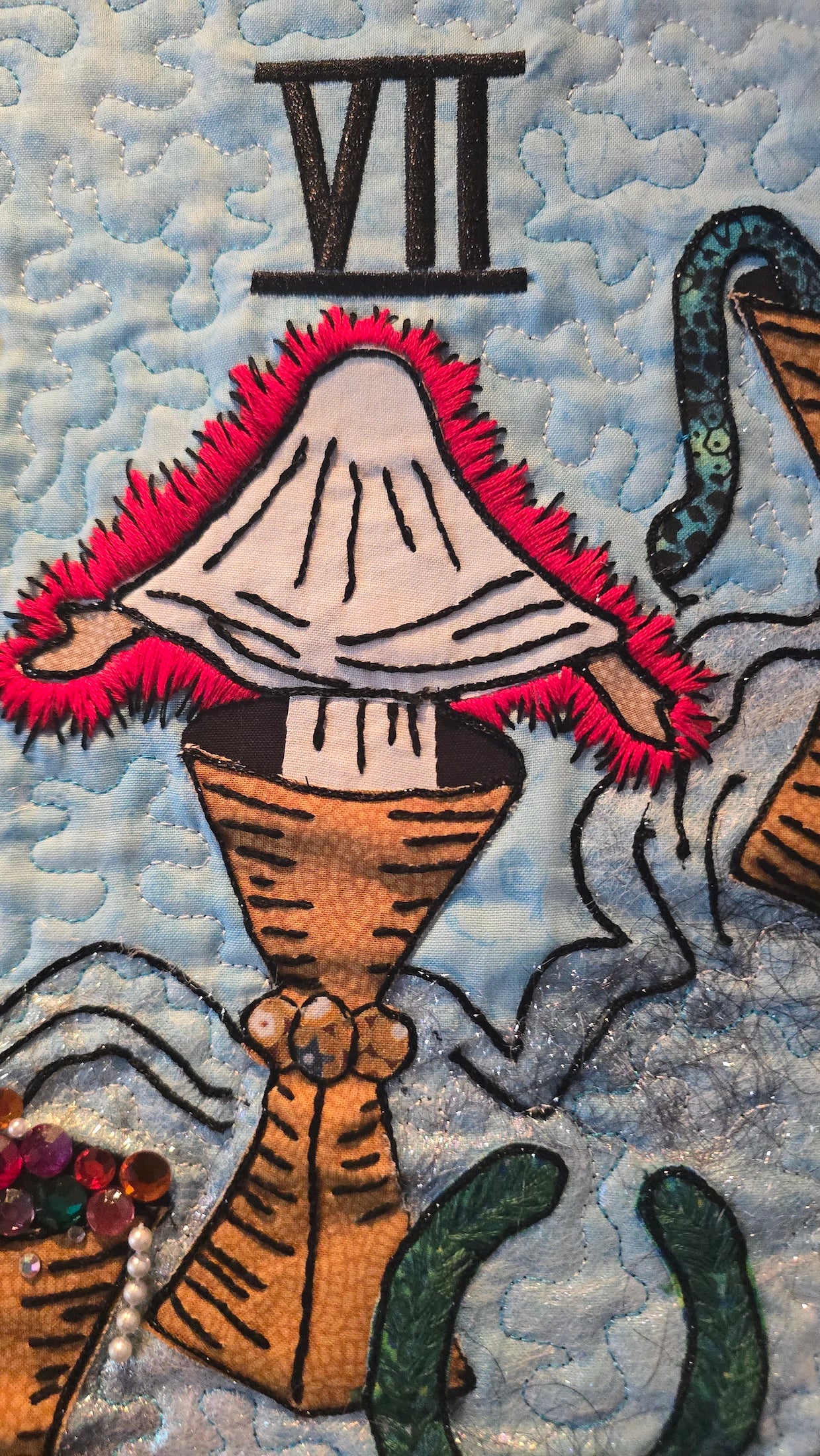 Tarot Card Seven of Cups Wall Hanging – OOAK Quilted Textile Art – 19x28”
