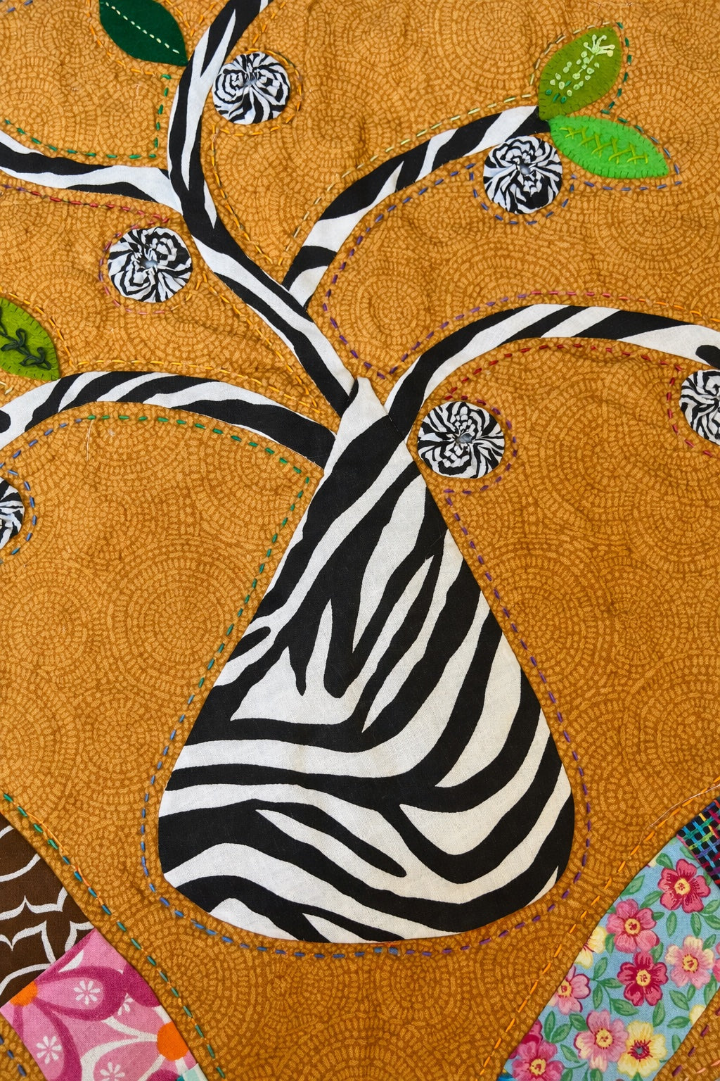 Bird in Zebra Nut Tree Quilt Wall Hanging – OOAK Fiber Art, Hand Appliqué & Quilted Original Textile Art, 29” x 42” Colorful Boho Decor