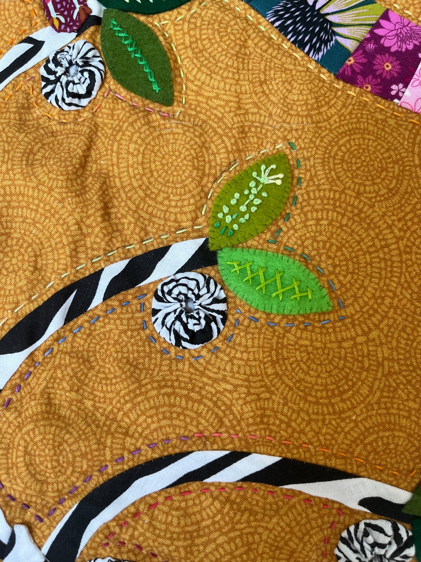 Bird in Zebra Nut Tree Quilt Wall Hanging – OOAK Fiber Art, Hand Appliqué & Quilted Original Textile Art, 29” x 42” Colorful Boho Decor