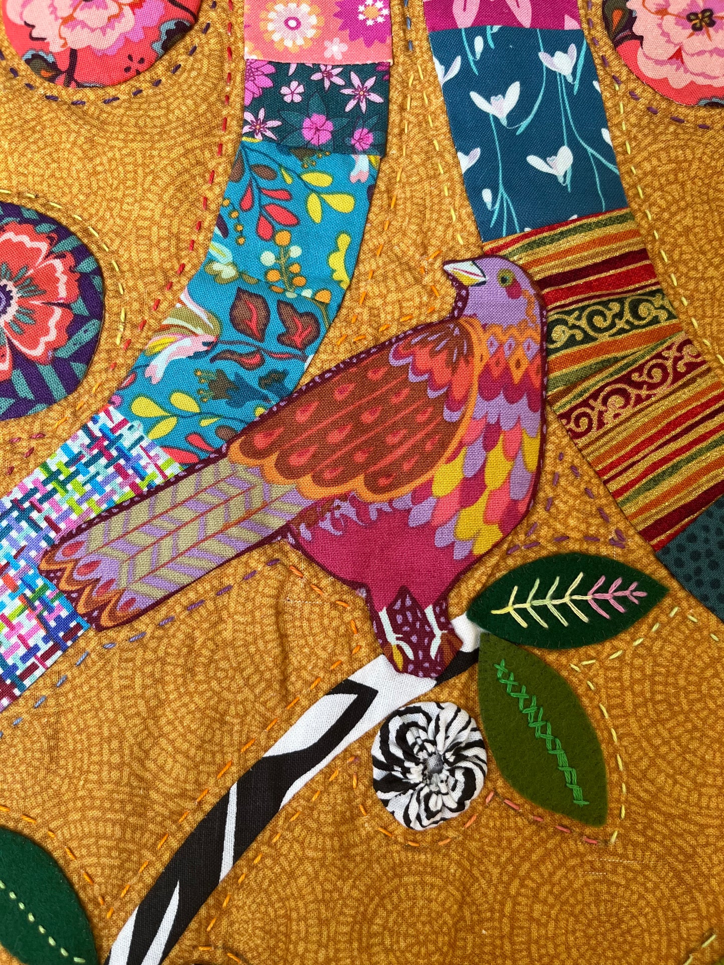 Bird in Zebra Nut Tree Quilt Wall Hanging – OOAK Fiber Art, Hand Appliqué & Quilted Original Textile Art, 29” x 42” Colorful Boho Decor