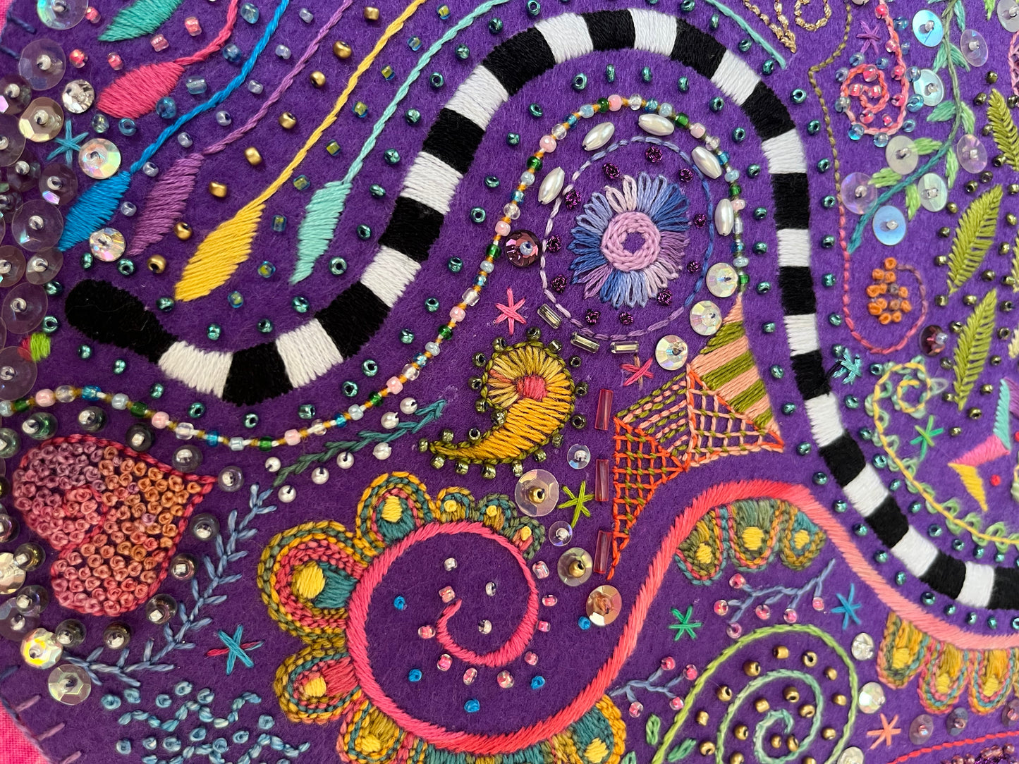 Pink & Purple Hand Embroidered Fiber Art Pillow 18x18 — Beaded, Pearl & Sequin Embellishments, One of a Kind