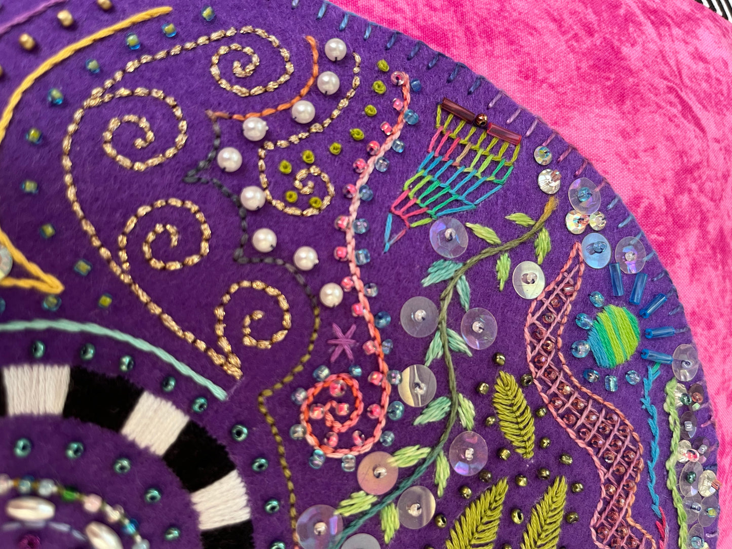 Pink & Purple Hand Embroidered Fiber Art Pillow 18x18 — Beaded, Pearl & Sequin Embellishments, One of a Kind
