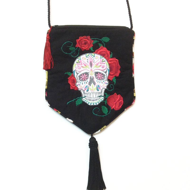 Day of the Dead Sugar Skull Embroidered Boho Purse with Tassel
