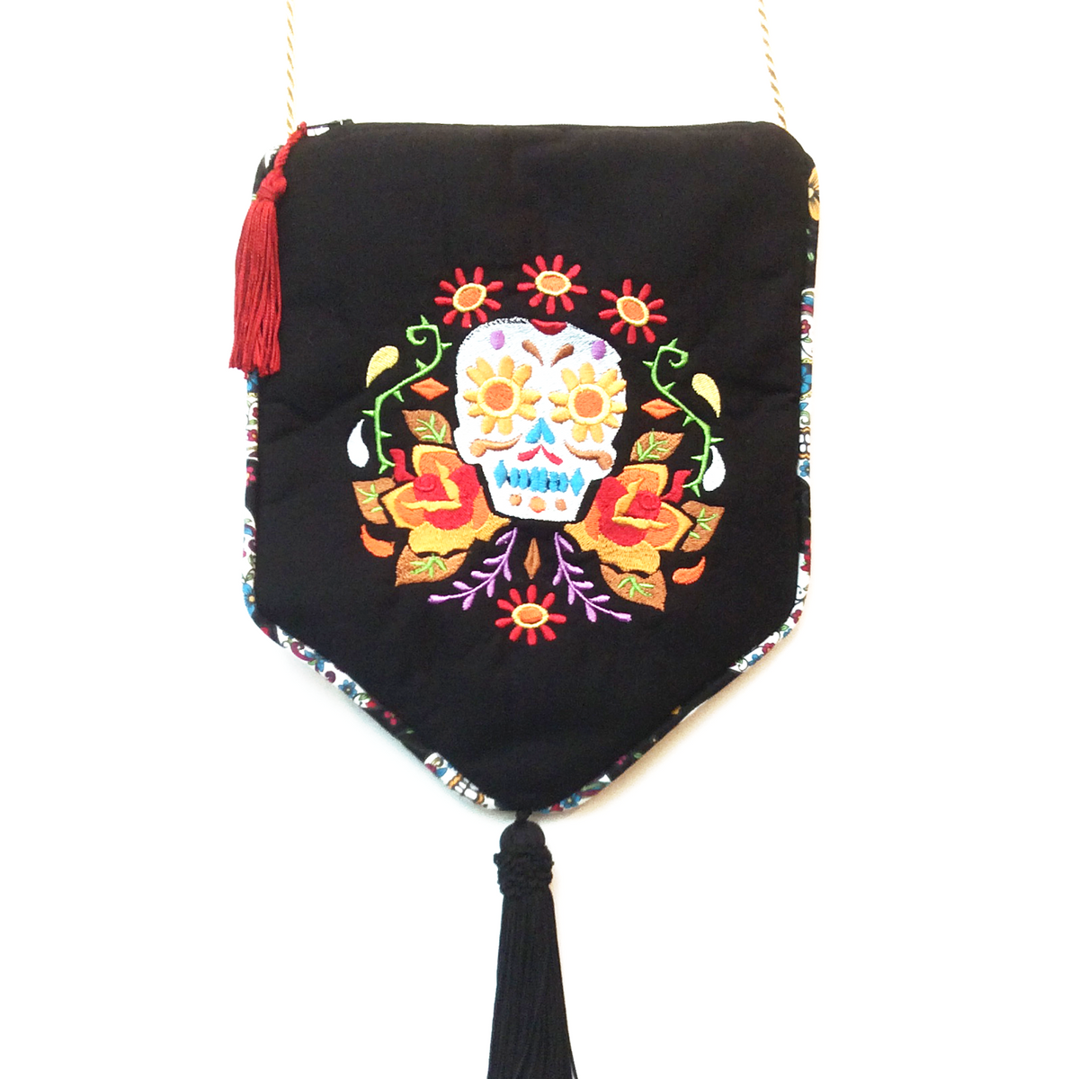 Day of the Dead Sugar Skull Embroidered Boho Purse with Tassel