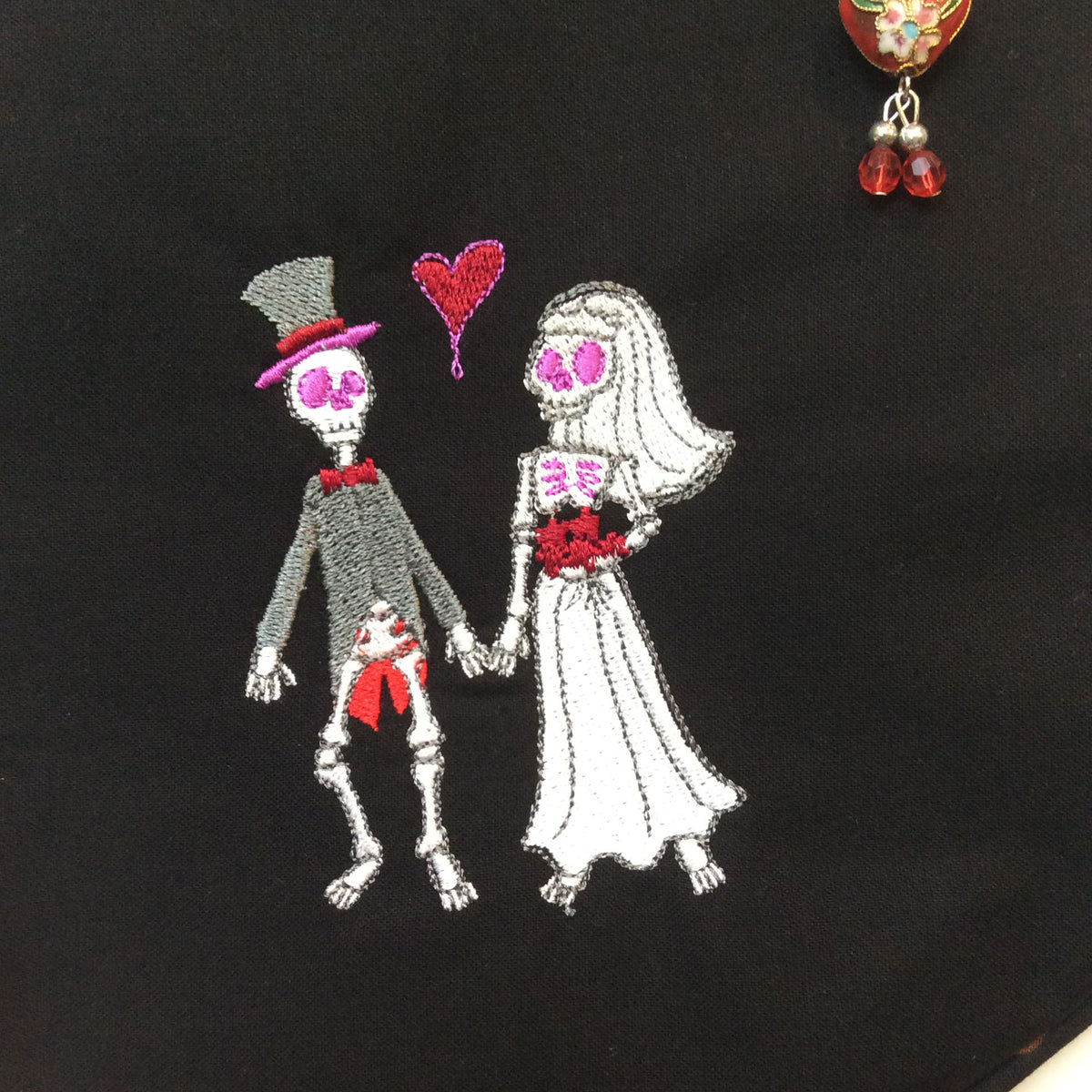 Day of the Dead Bride and Groom Skeleton Embroidered Boho Purse with Tassels
