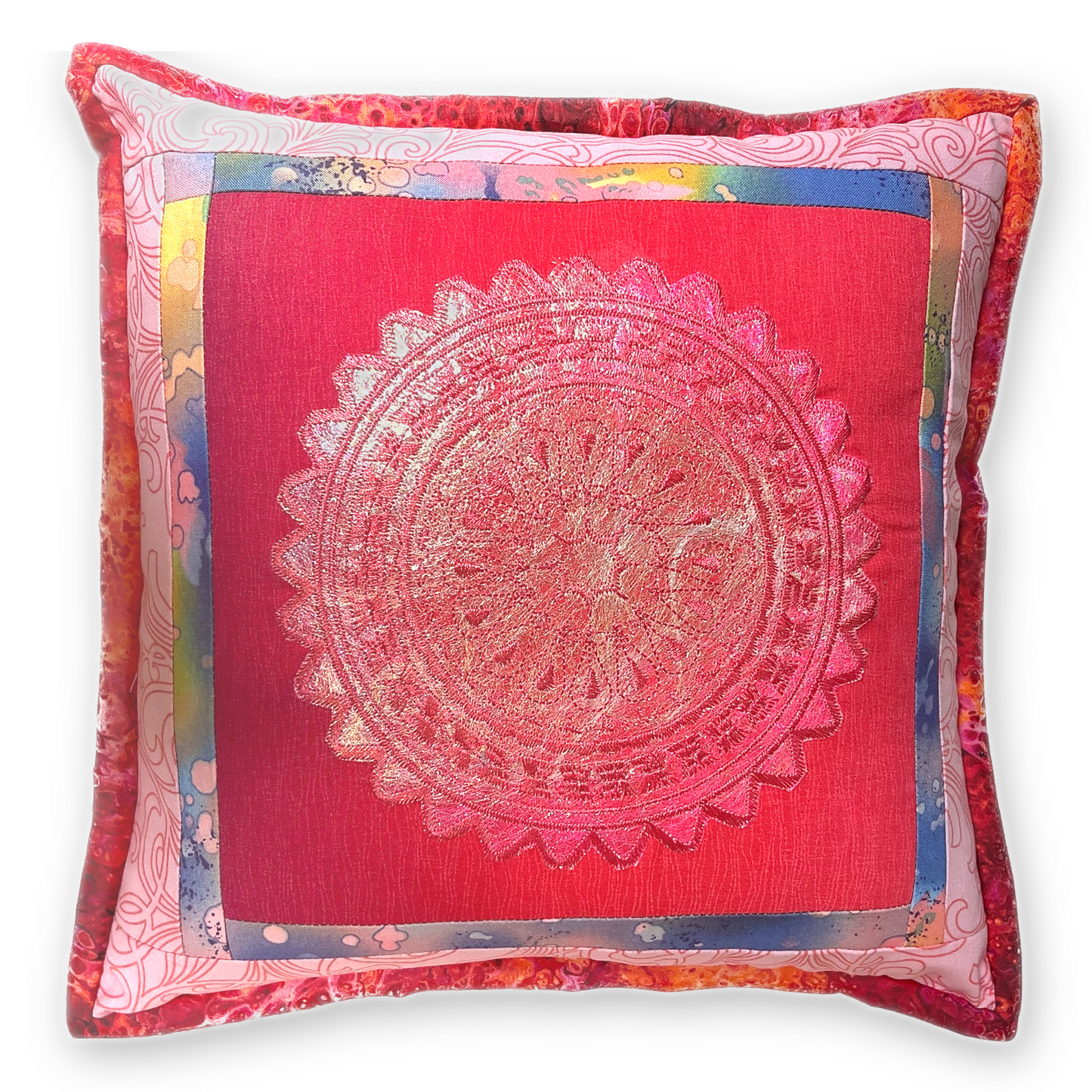 Pink Mandala Embroidered 12 x 12 OOAK Pillow