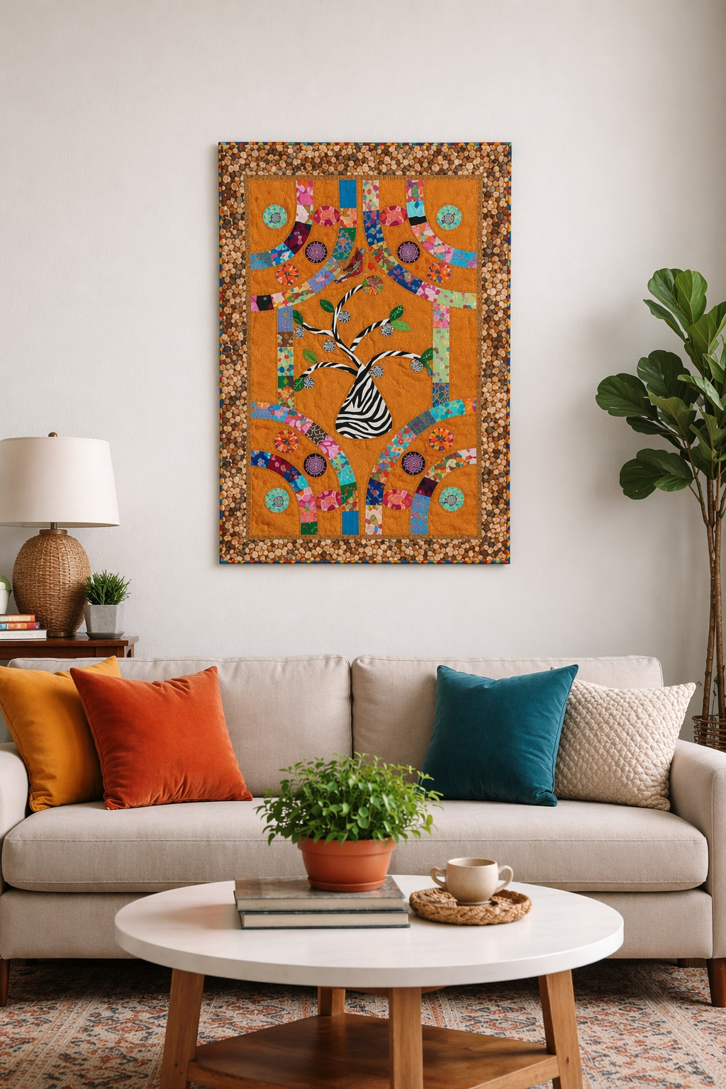 Bird in Zebra Nut Tree Quilt Wall Hanging – OOAK Fiber Art, Hand Appliqué & Quilted Original Textile Art, 29” x 42” Colorful Boho Decor