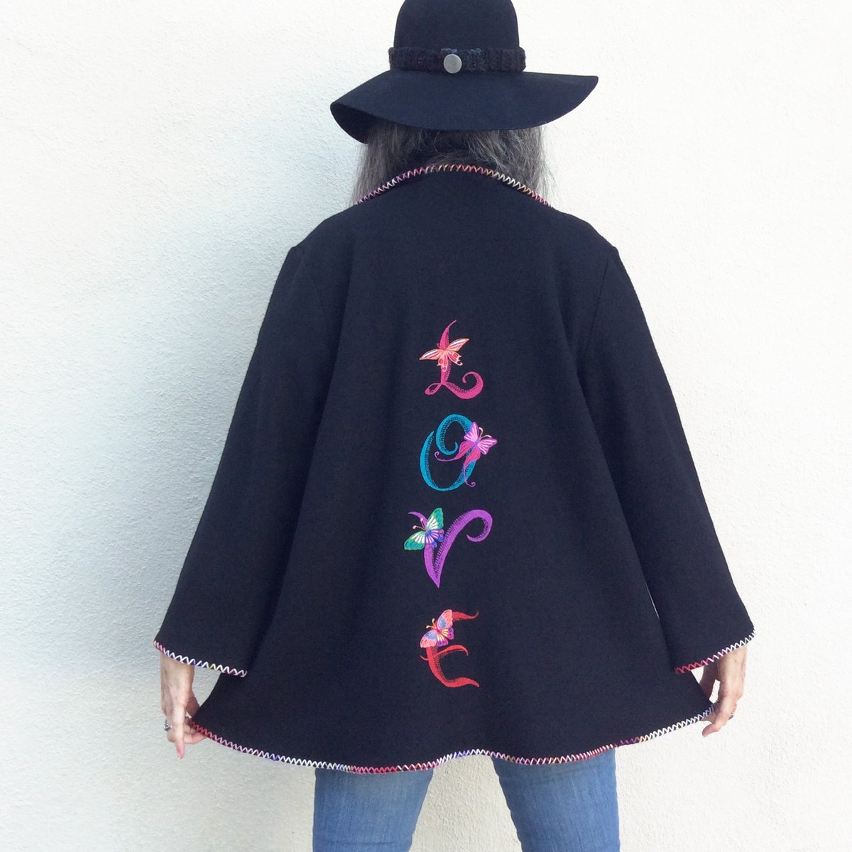 Love Butterflies— Black Wool Embroidered Boho Jacket, OOAK Wearable Art