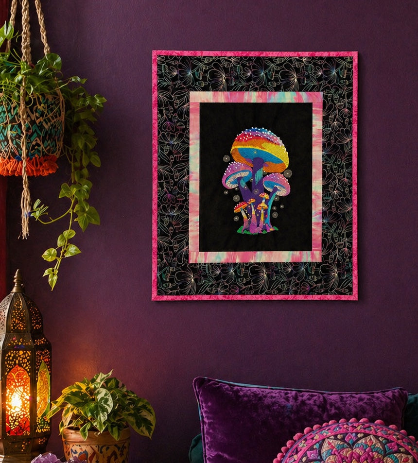 Magic Mushroom Wall Hanging – Psychedelic Fiber Art Quilt - OOAK 16.5" x 19.5"