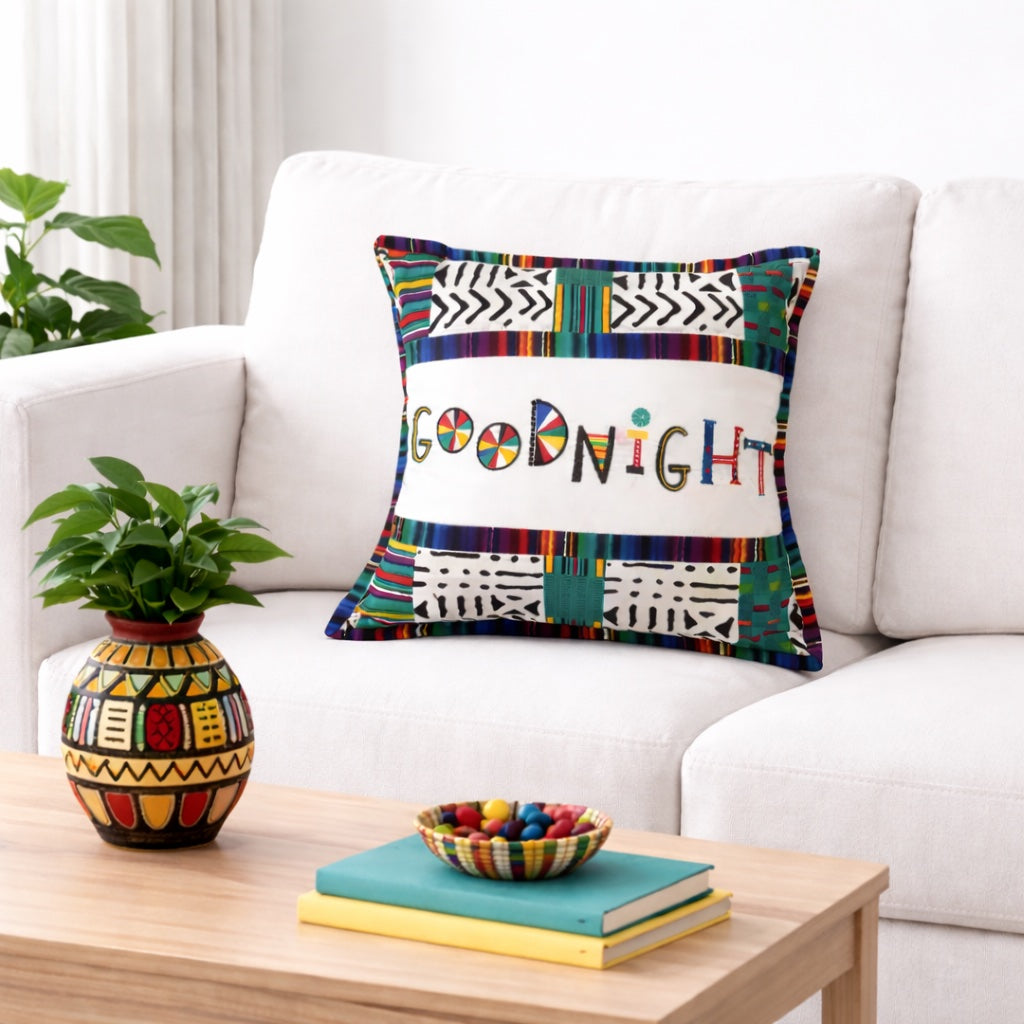 Handmade “Good Night” Pillow – African Print Embroidered Accent Cushion, Colorful Boho Decor OOAK 15 x 15"