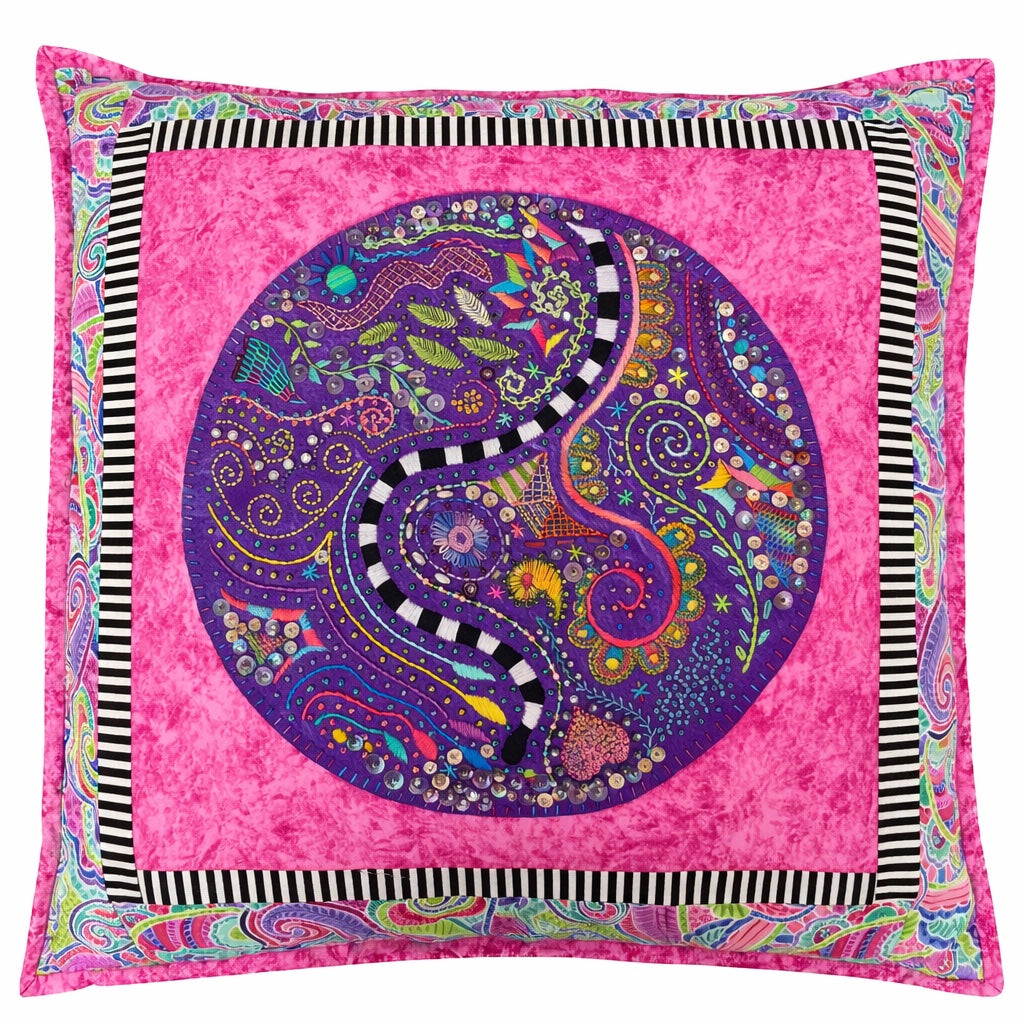Pink & Purple Hand Embroidered Fiber Art Pillow 18x18 — Beaded, Pearl & Sequin Embellishments, One of a Kind