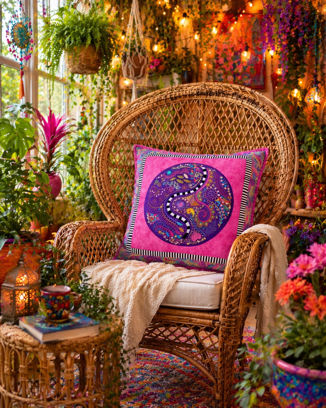 Pink & Purple Hand Embroidered Fiber Art Pillow 18x18 — Beaded, Pearl & Sequin Embellishments, One of a Kind