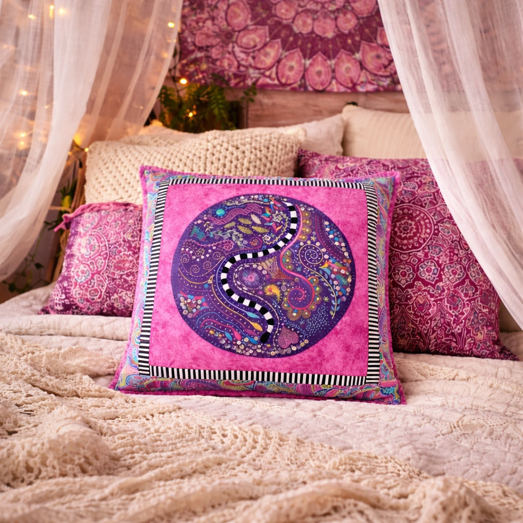 Pink & Purple Hand Embroidered Fiber Art Pillow 18x18 — Beaded, Pearl & Sequin Embellishments, One of a Kind