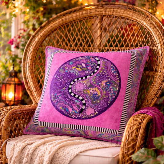Pink & Purple Hand Embroidered Fiber Art Pillow 18x18 — Beaded, Pearl & Sequin Embellishments, One of a Kind
