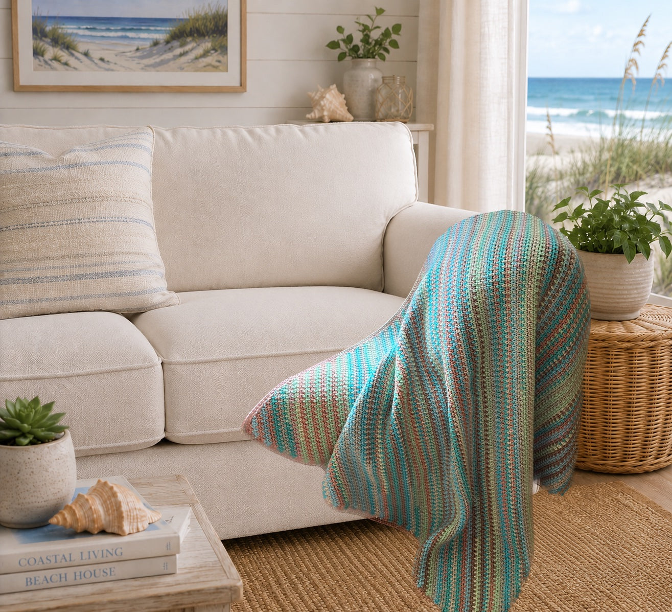Sand and Sea Crochet Blanket – OOAK Handmade Throw – 40 x 40"
