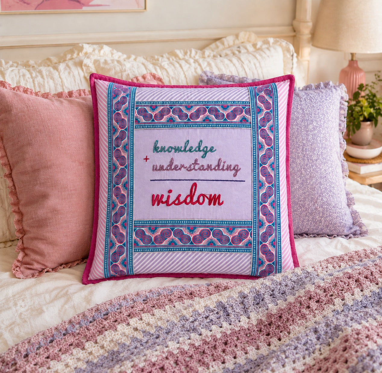 Wisdom Embroidered Pillow - OOAK Handmade - 14.5 x 14.5"